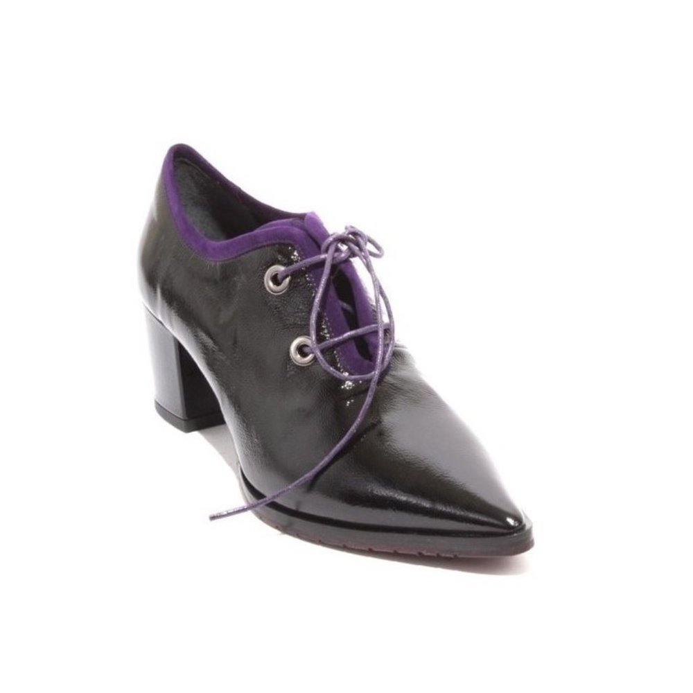 Isabelle 634 Black Purple Leather Pointy Booties Heel Shoes